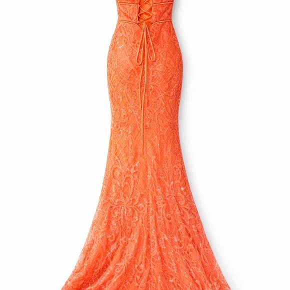 Prom Neon Orange Lace Mermaid Gown | Lace-Up Back - Size 2 - Picture 6 of 6